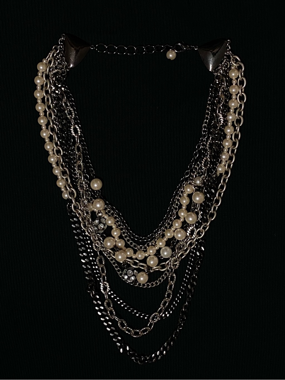 Multi-Strand Silver-Tone/Gunmetal/Faux Pearl Statement Necklace | Layered Chains